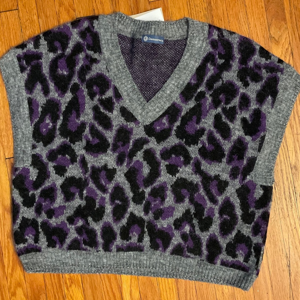 New Democracy Grey/Purple & Grey Black Leopard Sweater Vest Womens Sz Med WOW!